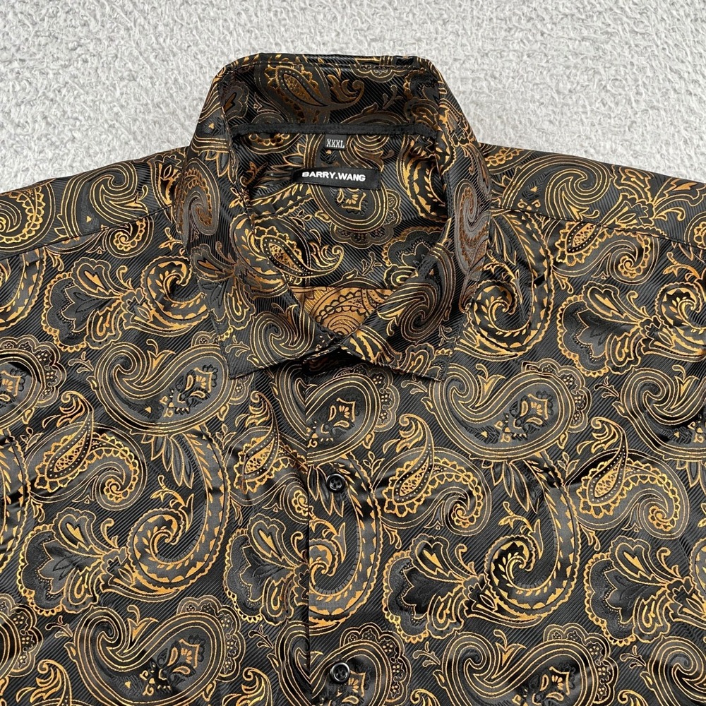 Barry Wang Button Down Mens XXXL Black Gold Paisley Dress Shirt Long Sleeve